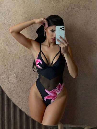 Swim SXY بدلة سباحة قطعة واحدة للنساء بطبعة زهرية على شبكة، مناسبة للشاطئ والعطلات والحفلات البحرية