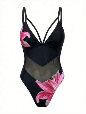 Swim SXY بدلة سباحة قطعة واحدة للنساء بطبعة زهرية على شبكة، مناسبة للشاطئ والعطلات والحفلات البحرية