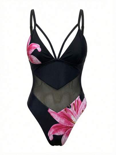 Swim SXY بدلة سباحة قطعة واحدة للنساء بطبعة زهرية على شبكة، مناسبة للشاطئ والعطلات والحفلات البحرية