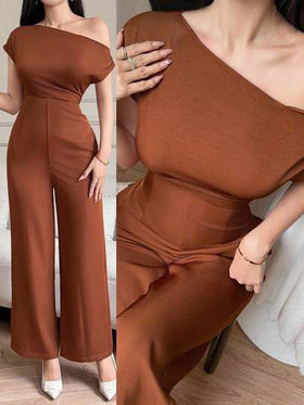 DAZY جمبسوت نسائية أنيقة ذات لون أحادي الكتف غير متماثل وساق واسعة، جمبسوت صيفية