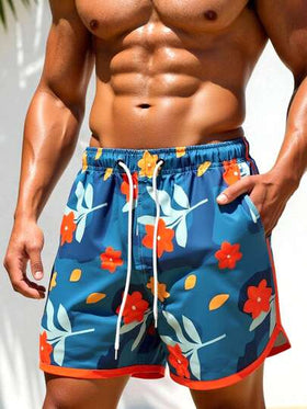 Manfinity Swimmode شورتات شاطئ رجالية مطبوعة بالزهور مع خصر رباط وجيوب، بدلة سباحة مطابقة للرجال، بدلة سباحة للرجال، ملابس شاطئ للرجال، شورتات سباحة رجالية، بدلة سباحة رجالية أزرق بنقشة زهور، مجموعة بدلة سباحة رجالية بنقشة الزهور