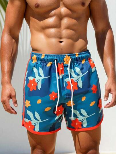 Manfinity Swimmode شورتات شاطئ رجالية مطبوعة بالزهور مع خصر رباط وجيوب، بدلة سباحة مطابقة للرجال، بدلة سباحة للرجال، ملابس شاطئ للرجال، شورتات سباحة رجالية، بدلة سباحة رجالية أزرق بنقشة زهور، مجموعة بدلة سباحة رجالية بنقشة الزهور