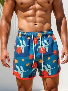 Manfinity Swimmode شورتات شاطئ رجالية مطبوعة بالزهور مع خصر رباط وجيوب، بدلة سباحة مطابقة للرجال، بدلة سباحة للرجال، ملابس شاطئ للرجال، شورتات سباحة رجالية، بدلة سباحة رجالية أزرق بنقشة زهور، مجموعة بدلة سباحة رجالية بنقشة الزهور