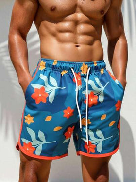 Manfinity Swimmode شورتات شاطئ رجالية مطبوعة بالزهور مع خصر رباط وجيوب، بدلة سباحة مطابقة للرجال، بدلة سباحة للرجال، ملابس شاطئ للرجال، شورتات سباحة رجالية، بدلة سباحة رجالية أزرق بنقشة زهور، مجموعة بدلة سباحة رجالية بنقشة الزهور