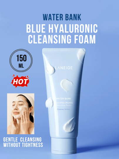 Laneige 30 جرام/150 جرام رغوة تنظيف حمض الهيالورونيك، صيغة 2 في 1، تنظف وتزيل المكياج، تغذي وترطب، لطيفة وغير مجففة، رغوة كريمية كالسحاب، مُنكّهة بحمض الهيالورونيك الدقيق الجزيئي 1/2000 وبانثينول، ترطيب عميق، تزيل بسهولة الواقي الشمسي والمكياج وشوائب المس