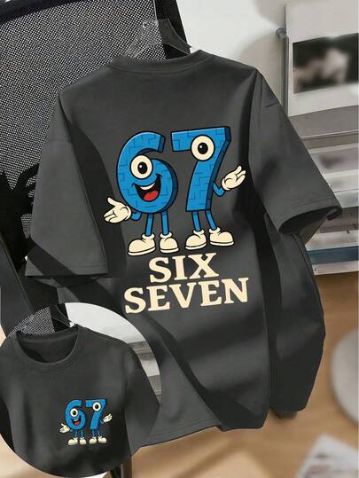 ملابس علوية تي شيرت للفتى المراهق "SIX SEVEN-Italian Brain" بطباعة رقم 67 كرتونية ملونة، مناسب للارتداء اليومي، الملابس الشارعية، أسلوب الحرم الجامعي، ملابس علوية صيفية عصرية متعددة الاستخدامات