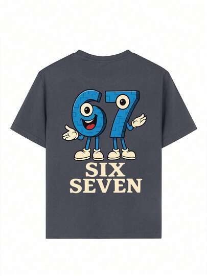 ملابس علوية تي شيرت للفتى المراهق "SIX SEVEN-Italian Brain" بطباعة رقم 67 كرتونية ملونة، مناسب للارتداء اليومي، الملابس الشارعية، أسلوب الحرم الجامعي، ملابس علوية صيفية عصرية متعددة الاستخدامات