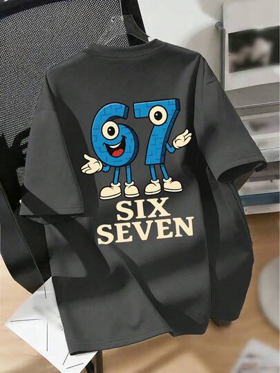 ملابس علوية تي شيرت للفتى المراهق "SIX SEVEN-Italian Brain" بطباعة رقم 67 كرتونية ملونة، مناسب للارتداء اليومي، الملابس الشارعية، أسلوب الحرم الجامعي، ملابس علوية صيفية عصرية متعددة الاستخدامات