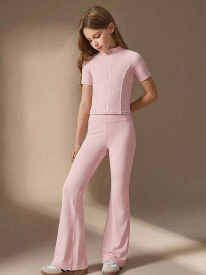 SHEIN بنطلون رياضي وجاكيت مخطط ملون مع سحاب للبنات المراهقات، طقم ملابس كاجوال رياضي أنيق لارتداء المدرسة، بلوزة قصيرة الأكمام وبنطلون ضيق، ملابس للبنات الصغيرات