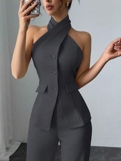 Modelyn طقم بنطلون واسع وأعلى أحادي الصدر بدون أكمام للنساء، قطعتان