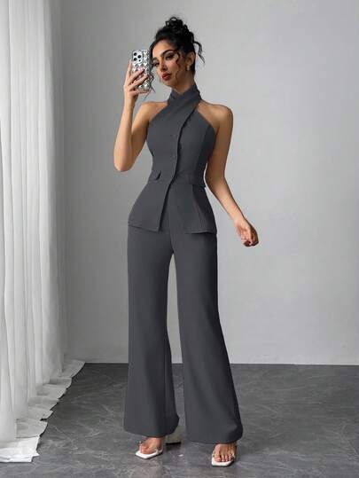 Modelyn طقم بنطلون واسع وأعلى أحادي الصدر بدون أكمام للنساء، قطعتان