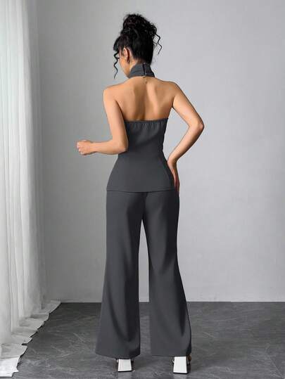 Modelyn طقم بنطلون واسع وأعلى أحادي الصدر بدون أكمام للنساء، قطعتان