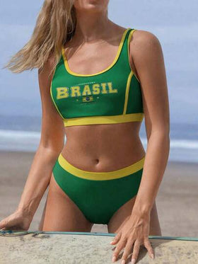 Swim SPRTY ملابس سباحة نسائية للصيف، بدلة سباحة تانكيني بألوان علم البرازيل الصيفية، ملابس علوية بطبعات جرافيك وأسفل مثلث، ملابس سباحة رياضية
