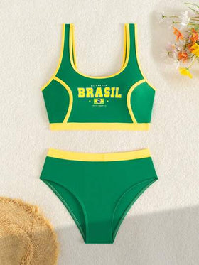 Swim SPRTY ملابس سباحة نسائية للصيف، بدلة سباحة تانكيني بألوان علم البرازيل الصيفية، ملابس علوية بطبعات جرافيك وأسفل مثلث، ملابس سباحة رياضية
