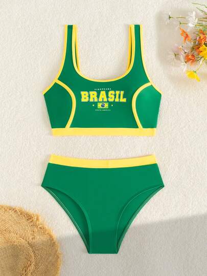 Swim SPRTY ملابس سباحة نسائية للصيف، بدلة سباحة تانكيني بألوان علم البرازيل الصيفية، ملابس علوية بطبعات جرافيك وأسفل مثلث، ملابس سباحة رياضية