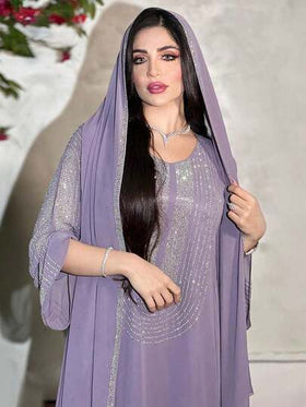 فستان عباءة مُتحفظ للنساء بأكمام طويلة مرصع بالراين باللون البنفسجي