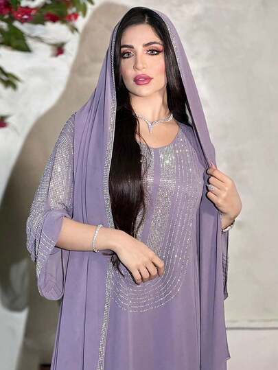 فستان عباءة مُتحفظ للنساء بأكمام طويلة مرصع بالراين باللون البنفسجي