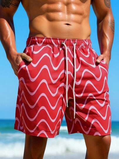 Manfinity Swimmode شورتات شاطئ للرجال مع خصر قابل للسحب وجيوب، بطبعات خطوط متموجة، شورتات سباحة مطابقة للرجال، شورتات سباحة للرجال، ملابس شاطئ للرجال، شورتات سباحة للرجال، شورتات سباحة حمراء هاواي للرجال