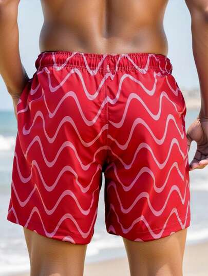 Manfinity Swimmode شورتات شاطئ للرجال مع خصر قابل للسحب وجيوب، بطبعات خطوط متموجة، شورتات سباحة مطابقة للرجال، شورتات سباحة للرجال، ملابس شاطئ للرجال، شورتات سباحة للرجال، شورتات سباحة حمراء هاواي للرجال