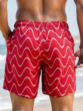Manfinity Swimmode شورتات شاطئ للرجال مع خصر قابل للسحب وجيوب، بطبعات خطوط متموجة، شورتات سباحة مطابقة للرجال، شورتات سباحة للرجال، ملابس شاطئ للرجال، شورتات سباحة للرجال، شورتات سباحة حمراء هاواي للرجال