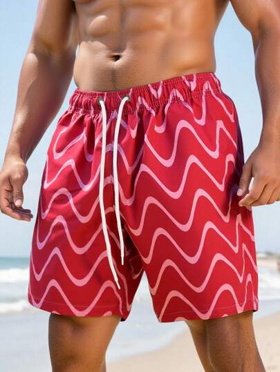 Manfinity Swimmode شورتات شاطئ للرجال مع خصر قابل للسحب وجيوب، بطبعات خطوط متموجة، شورتات سباحة مطابقة للرجال، شورتات سباحة للرجال، ملابس شاطئ للرجال، شورتات سباحة للرجال، شورتات سباحة حمراء هاواي للرجال