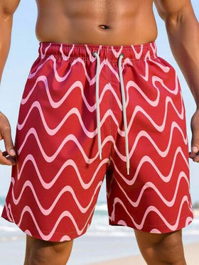 Manfinity Swimmode شورتات شاطئ للرجال مع خصر قابل للسحب وجيوب، بطبعات خطوط متموجة، شورتات سباحة مطابقة للرجال، شورتات سباحة للرجال، ملابس شاطئ للرجال، شورتات سباحة للرجال، شورتات سباحة حمراء هاواي للرجال