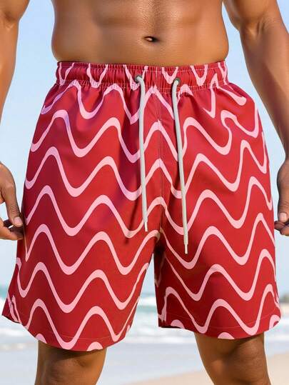 Manfinity Swimmode شورتات شاطئ للرجال مع خصر قابل للسحب وجيوب، بطبعات خطوط متموجة، شورتات سباحة مطابقة للرجال، شورتات سباحة للرجال، ملابس شاطئ للرجال، شورتات سباحة للرجال، شورتات سباحة حمراء هاواي للرجال