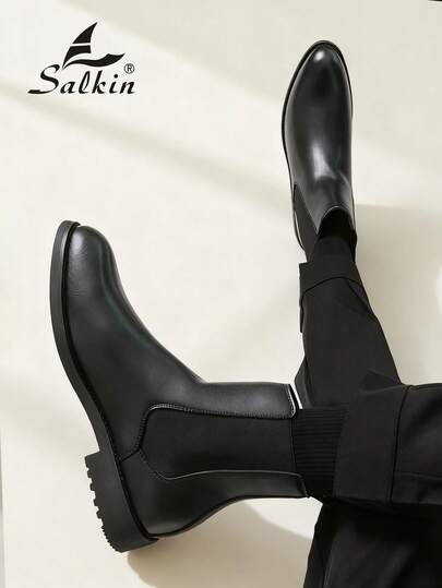 Salkin بوت تشيلسي الرجالية الفاخرة بتصميم كلاسيكي، بنمط سهل الارتداء، بتصميم رأس مدبب، بوت كاحل متوسطة الطول من جلد طبيعي ناعم، بوت رسمية أنيقة للرجال، بوت كاجوال مناسبة للمكتب والحفلات، هدية رومانسية لعشاء خاص، بوت عودة للمدرسة للطلاب، بطراز كولييجي، ننص