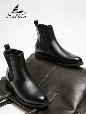 Salkin بوت تشيلسي الرجالية الفاخرة بتصميم كلاسيكي، بنمط سهل الارتداء، بتصميم رأس مدبب، بوت كاحل متوسطة الطول من جلد طبيعي ناعم، بوت رسمية أنيقة للرجال، بوت كاجوال مناسبة للمكتب والحفلات، هدية رومانسية لعشاء خاص، بوت عودة للمدرسة للطلاب، بطراز كولييجي، ننص