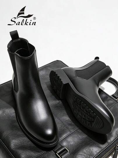 Salkin بوت تشيلسي الرجالية الفاخرة بتصميم كلاسيكي، بنمط سهل الارتداء، بتصميم رأس مدبب، بوت كاحل متوسطة الطول من جلد طبيعي ناعم، بوت رسمية أنيقة للرجال، بوت كاجوال مناسبة للمكتب والحفلات، هدية رومانسية لعشاء خاص، بوت عودة للمدرسة للطلاب، بطراز كولييجي، ننص