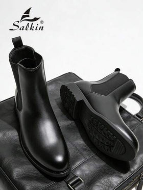 Salkin بوت تشيلسي الرجالية الفاخرة بتصميم كلاسيكي، بنمط سهل الارتداء، بتصميم رأس مدبب، بوت كاحل متوسطة الطول من جلد طبيعي ناعم، بوت رسمية أنيقة للرجال، بوت كاجوال مناسبة للمكتب والحفلات، هدية رومانسية لعشاء خاص، بوت عودة للمدرسة للطلاب، بطراز كولييجي، ننص