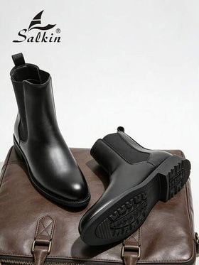 Salkin بوت تشيلسي الرجالية الفاخرة بتصميم كلاسيكي، بنمط سهل الارتداء، بتصميم رأس مدبب، بوت كاحل متوسطة الطول من جلد طبيعي ناعم، بوت رسمية أنيقة للرجال، بوت كاجوال مناسبة للمكتب والحفلات، هدية رومانسية لعشاء خاص، بوت عودة للمدرسة للطلاب، بطراز كولييجي، ننص