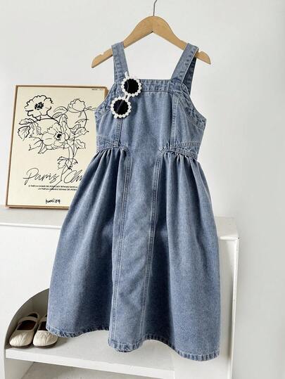 SHEIN فستان أطفال بتصميم جديد للصيف، فستان أميرة من الجينز الأنيق للبنات