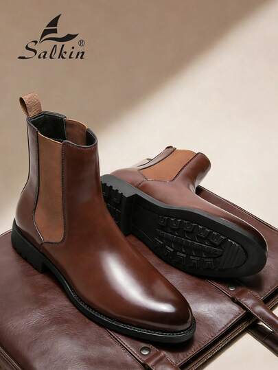 Salkin بوت تشيلسي الرجالية الفاخرة بتصميم الكاحل متوسط الارتفاع، من الجلد الطبيعي الناعم، بتصميم رأس مدبب، مناسبة للأعمال الرسمية والمناسبات الكاجوال، هدية رومانسية لعشاء الزوجين، وأحذية للطلاب في المدرسة والكلية، ننصح باختيار مقاس أكبر بمقدار مقاس واحد