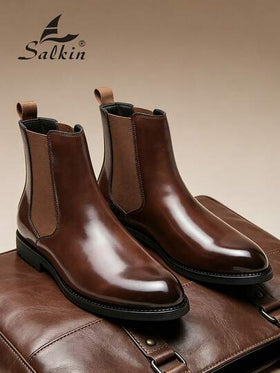 Salkin بوت تشيلسي الرجالية الفاخرة بتصميم الكاحل متوسط الارتفاع، من الجلد الطبيعي الناعم، بتصميم رأس مدبب، مناسبة للأعمال الرسمية والمناسبات الكاجوال، هدية رومانسية لعشاء الزوجين، وأحذية للطلاب في المدرسة والكلية، ننصح باختيار مقاس أكبر بمقدار مقاس واحد