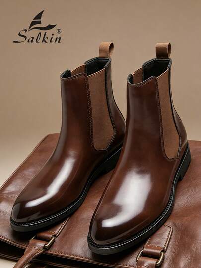 Salkin بوت تشيلسي الرجالية الفاخرة بتصميم الكاحل متوسط الارتفاع، من الجلد الطبيعي الناعم، بتصميم رأس مدبب، مناسبة للأعمال الرسمية والمناسبات الكاجوال، هدية رومانسية لعشاء الزوجين، وأحذية للطلاب في المدرسة والكلية، ننصح باختيار مقاس أكبر بمقدار مقاس واحد