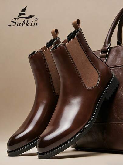 Salkin بوت تشيلسي الرجالية الفاخرة بتصميم الكاحل متوسط الارتفاع، من الجلد الطبيعي الناعم، بتصميم رأس مدبب، مناسبة للأعمال الرسمية والمناسبات الكاجوال، هدية رومانسية لعشاء الزوجين، وأحذية للطلاب في المدرسة والكلية، ننصح باختيار مقاس أكبر بمقدار مقاس واحد
