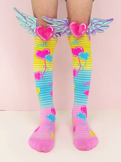 زوج من جوارب طويلة فوق الركبة للأطفال بتصميم بالون قلب ثلاثي الأبعاد وأجنحة، جوارب مرحة وغريبة، مناسبة للحفلات وعيد الحب والعيد، للارتداء اليومي في جميع المواسم