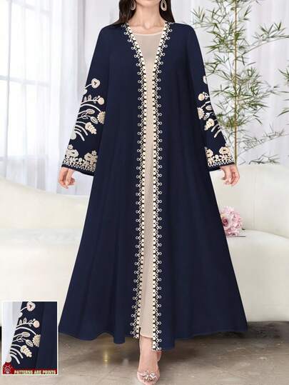 SHEIN Najma عباية كارديجان أنيقة سوداء مطبوعة بالزهور للنساء، بأكمام طويلة، مناسبة للربيع والخريف