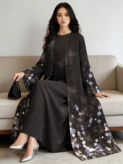 SHEIN Najma عباية كارديجان طويلة كاجوال للنساء بطبعة زهرية تدرجية ذات أكمام طويلة، مناسبة للربيع والخريف