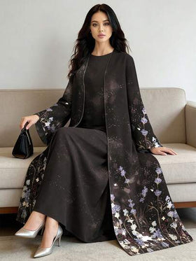 SHEIN Najma عباية كارديجان طويلة كاجوال للنساء بطبعة زهرية تدرجية ذات أكمام طويلة، مناسبة للربيع والخريف