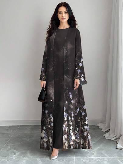 SHEIN Najma عباية كارديجان طويلة كاجوال للنساء بطبعة زهرية تدرجية ذات أكمام طويلة، مناسبة للربيع والخريف