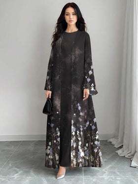 SHEIN Najma عباية كارديجان طويلة كاجوال للنساء بطبعة زهرية تدرجية ذات أكمام طويلة، مناسبة للربيع والخريف