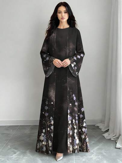 SHEIN Najma عباية كارديجان طويلة كاجوال للنساء بطبعة زهرية تدرجية ذات أكمام طويلة، مناسبة للربيع والخريف