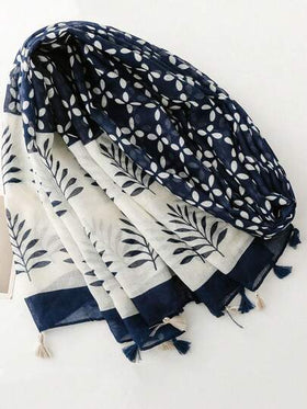 وشاح كاجوال للنساء بطراز بوهيمي مزخرف بالأزهار والأشجار مع شرابات، مناسب للسفر والإطلالات اليومية قطعة واحدة