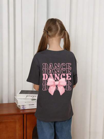 ملابس علوية تي شيرت للفتيات المراهقات مطبوع عليه حرف "DANCE" والفيونكة، قماش ناعم ومريح، مناسب للرياضة الخارجية للفتيات، الارتداء اليومي، أسلوب الشارع، أسلوب الحرم الجامعي، ملابس علوية كاجوال عصرية للفتيات في الربيع/الصيف