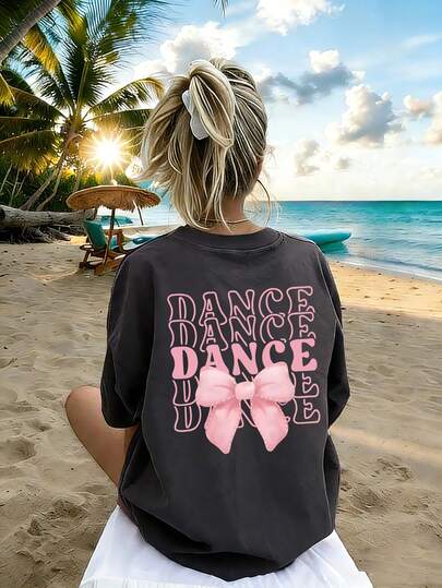 ملابس علوية تي شيرت للفتيات المراهقات مطبوع عليه حرف "DANCE" والفيونكة، قماش ناعم ومريح، مناسب للرياضة الخارجية للفتيات، الارتداء اليومي، أسلوب الشارع، أسلوب الحرم الجامعي، ملابس علوية كاجوال عصرية للفتيات في الربيع/الصيف
