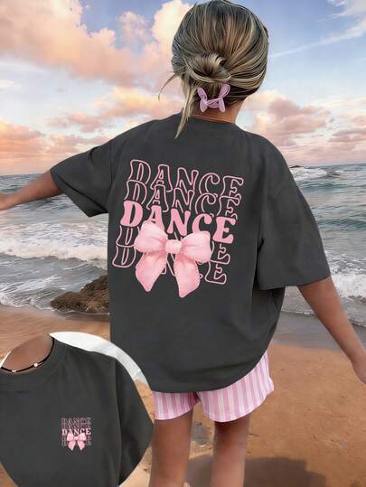 ملابس علوية تي شيرت للفتيات المراهقات مطبوع عليه حرف "DANCE" والفيونكة، قماش ناعم ومريح، مناسب للرياضة الخارجية للفتيات، الارتداء اليومي، أسلوب الشارع، أسلوب الحرم الجامعي، ملابس علوية كاجوال عصرية للفتيات في الربيع/الصيف