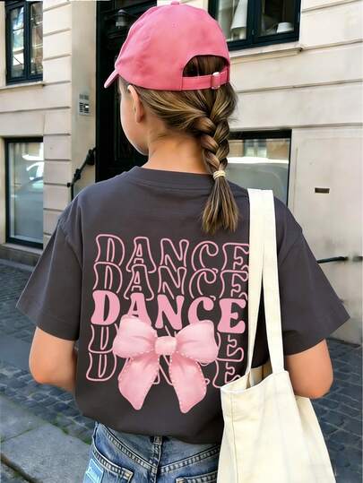 ملابس علوية تي شيرت للفتيات المراهقات مطبوع عليه حرف "DANCE" والفيونكة، قماش ناعم ومريح، مناسب للرياضة الخارجية للفتيات، الارتداء اليومي، أسلوب الشارع، أسلوب الحرم الجامعي، ملابس علوية كاجوال عصرية للفتيات في الربيع/الصيف
