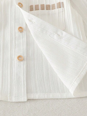 SHEIN Vintaside Kids ملابس علوية أطفال ذو أكمام قصيرة وياقة مع أزرار وجيوب، مع شورت ذو خصر مطاطي، طقم ملابس كاجوال فضفاض مريح، وصول جديد للصيف، قطعتان